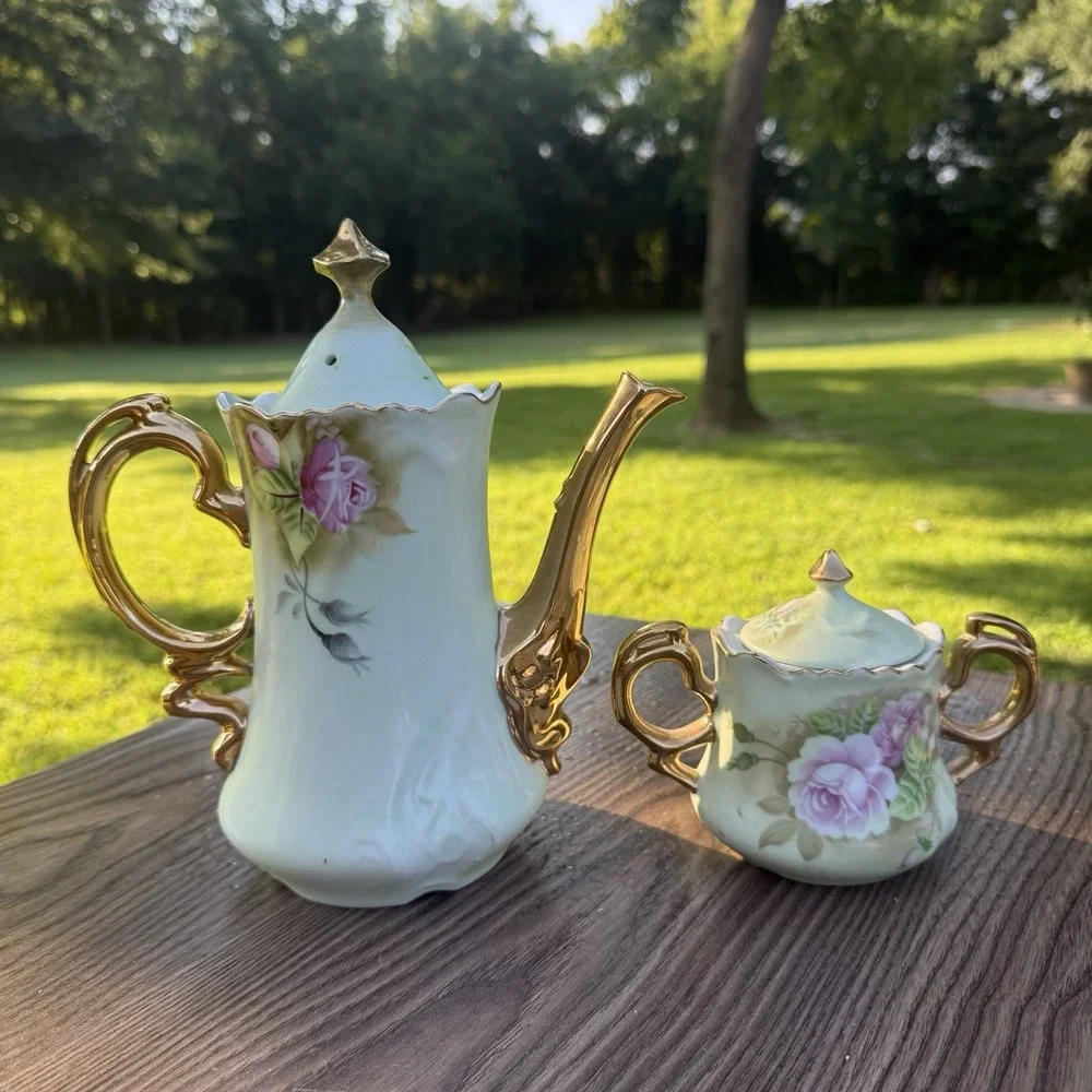 Vintage LEFTON Green Heritage Pink Rose Teapot 3065 Sugar Bowl 05851 2 Piece Set
